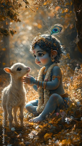 Charming Baby Krishna with Calf in Soft Colors photo