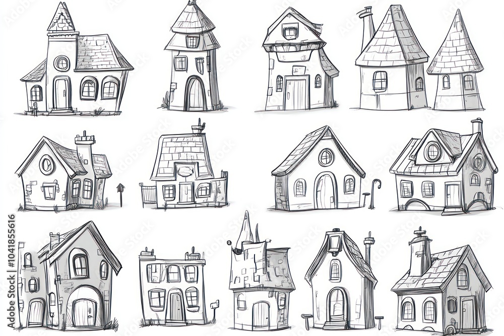 character sheet of cute buildings, storybook, charactersheet, bold outline, minimal character sheet of cute buildings, storybook, charactersheet, bold outline, minimal