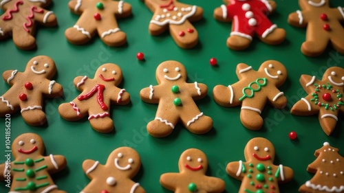 Various Sugar Glazed festive Christmas and New Year sweet cookies background card. Simple pattern with Christmas home baked Cookies over dark green background