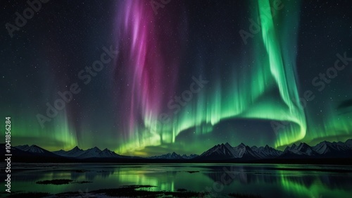 a display of the Aurora Borealis, the Northern Lights. A vibrant curtain of green light dances across the night sky, illuminated by a myriad of twinkling stars.