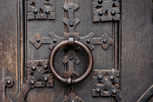 Fotografie Vintage antique brass door knocker as a ring on the old dark ancient wooden door