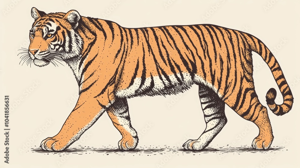 Obraz premium Walking Tiger Illustration Wild Animal Striped Fur Predator Jungle Nature Wildlife