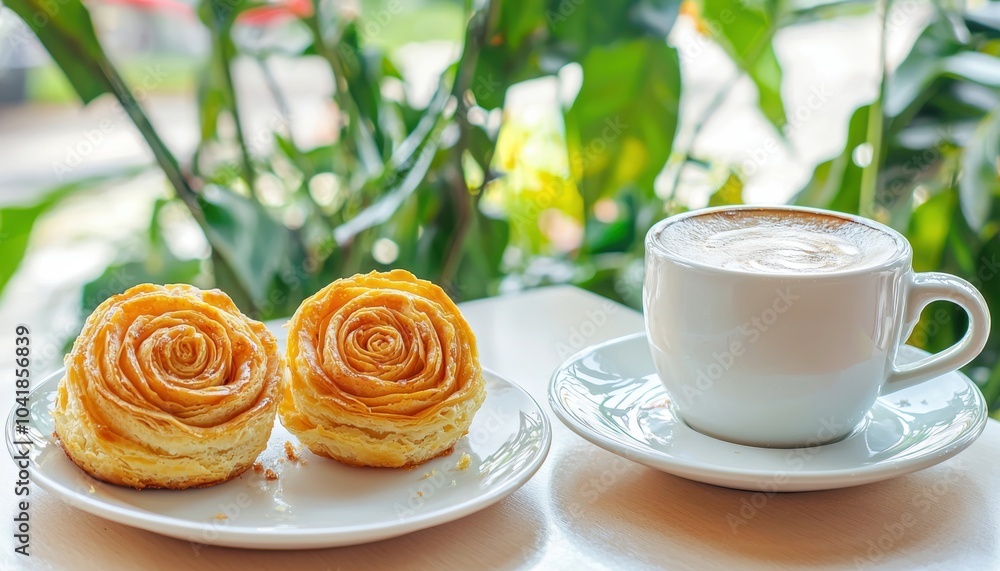 A delightful scene featuring two rose-shaped pastries on a plate alongside a cup of coffee, set against a backdrop of lush greenery. A delightful scene featuring two rose-shaped pastries on a plate alongside a cup of coffee, set against a backdrop of lush greenery.