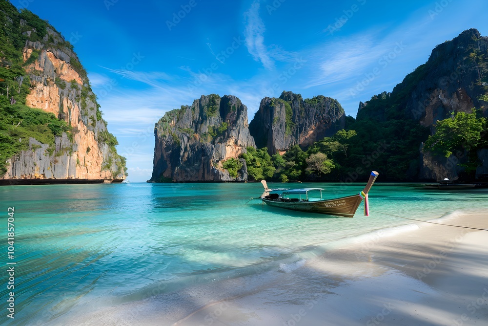 Obraz premium Turquoise waters, limestone cliffs, traditional boat on pristine beach, tropical escape scene