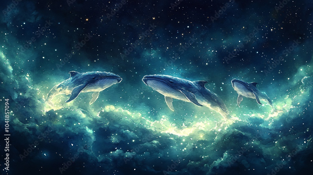 Fototapeta premium Whales Drifting in a Minimalist Watercolor Setting
