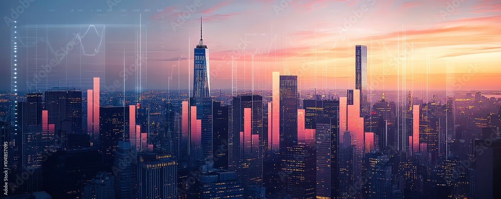 Conceptual image of a city skyline turning into bar graphs and stock charts at dusk, blending finance and urban life, stock market trends, urban finance