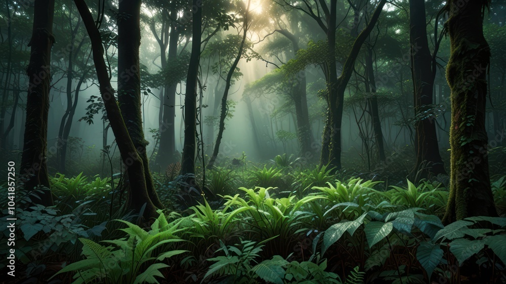 Fototapeta premium The lush forest is bathed in the soft light of the morning sun. Tall trees with thick leaves form a canopy overhead. Narrow paths wind through the undergrowth, leading deeper into the forest.