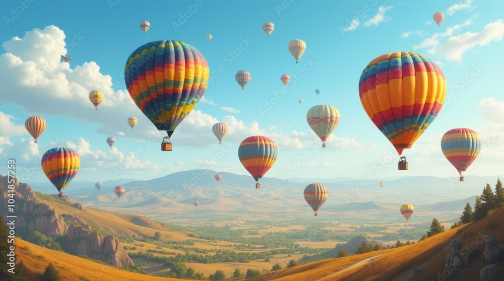 Obraz premium Several colorful hot air balloons ascend above a detailed landscape of rolling hills and valleys, creating a stunning view filled with vibrant hues against a backdrop of lush greenery and gentle slope