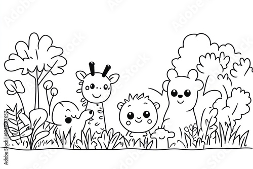 Coloring Book for little children Featuring Super Cute kawaii wild animals IN THE CHILDREN PARK, with two dots as eyes to home with Easy, Simple and shildish hand draw cartoons photo