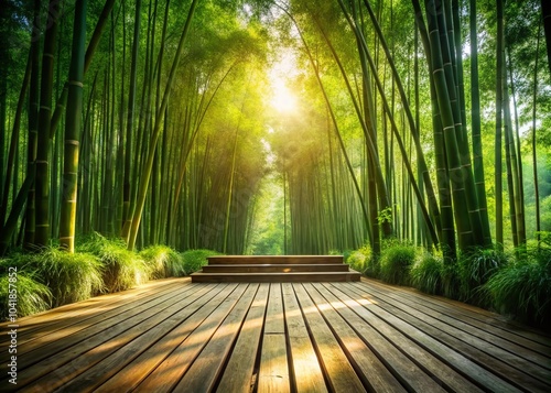 Elevated Wooden Platform in Bamboo Forest with Sunlight Filtering Through - Bokeh Effect Photography