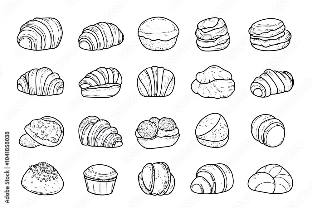 coloring book page, 20 different pastries like croissant, danish, macaroon etc, 5 in each row, iconic, simple, modern, lineart, no background coloring book page, 20 different pastries like croissant, danish, macaroon etc, 5 in each row, iconic, simple, modern, lineart, no background