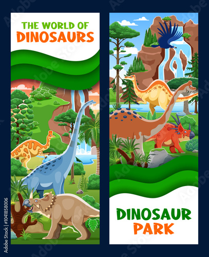 Prehistoric dinosaurs paper cut banners with vector dino animals, jurassic jungle forest and waterfall. Cartoon cute styracosaurus, corythosaurus and centrosaurus, funny argentavis and titanosauria