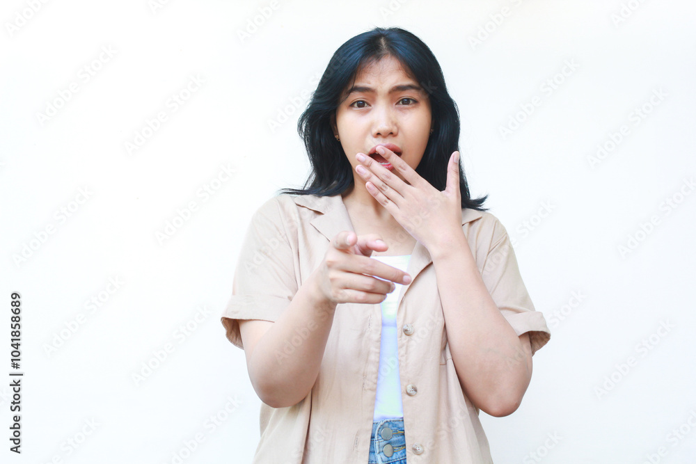 shocked asian woman covering her mouth wearing casual brown clothes isolated on white background shocked asian woman covering her mouth wearing casual brown clothes isolated on white background