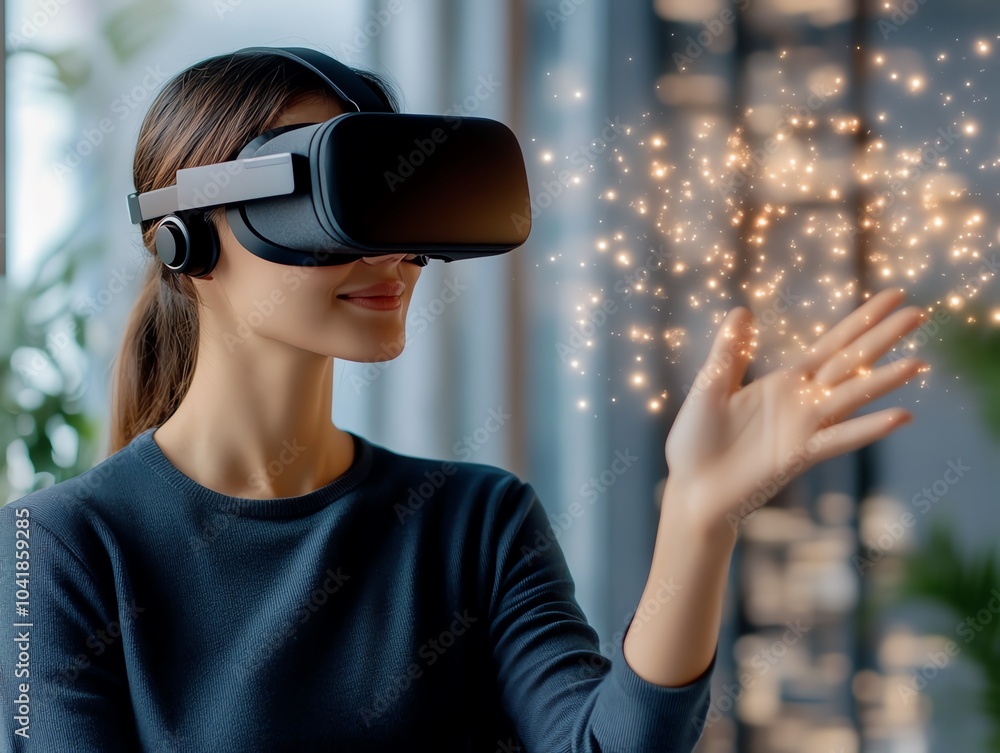 A woman exploring virtual reality with a headset, interacting with immersive digital elements in a modern environment. A woman exploring virtual reality with a headset, interacting with immersive digital elements in a modern environment.