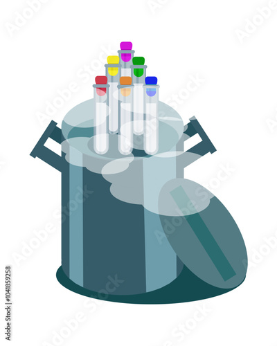 Canister with test tubes with biomaterial, frozen eggs, sperm, embryos, cryopreservation, vitrification of embryos, oocytes and sperm, cryobank, IVF - vector, color illustration