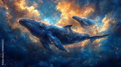Minimalist Whales Swimming Under Moonlight
