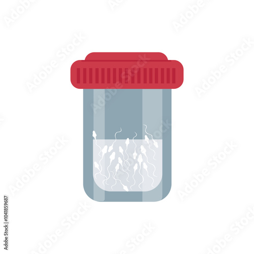 Plastic container with biomaterial sperm for clinical analysis in the laboratory and sperm bank. Infertility diagnostics, spermogram - vector, color illustration