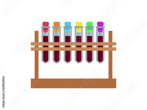 Stand with test tubes with colored stoppers filled with biomaterial blood, laboratory clinical research - vector, color illustration