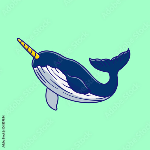 Playful Blue Whale With Golden Horn Unicorn Cartoon Narwhal Illustration. Cute Character Outline Concept. Animal Mythology. Flat Cartoon Outline Style.