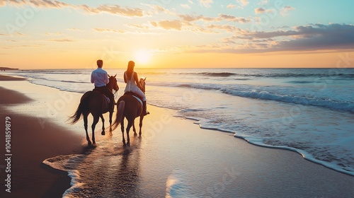 Young couple shares peaceful horse ride along misty beach shore - man and woman find sea magic through animal companionship while nature travel creates sunset memories