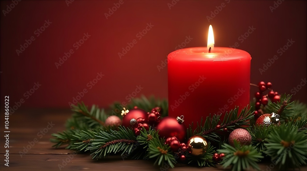 Christmas candle and festive decorations with a glowing flame, surrounded by ornaments, pine branches, and a beautifully decorated Christmas tree, capturing the warmth of the holiday season Christmas candle and festive decorations with a glowing flame, surrounded by ornaments, pine branches, and a beautifully decorated Christmas tree, capturing the warmth of the holiday season