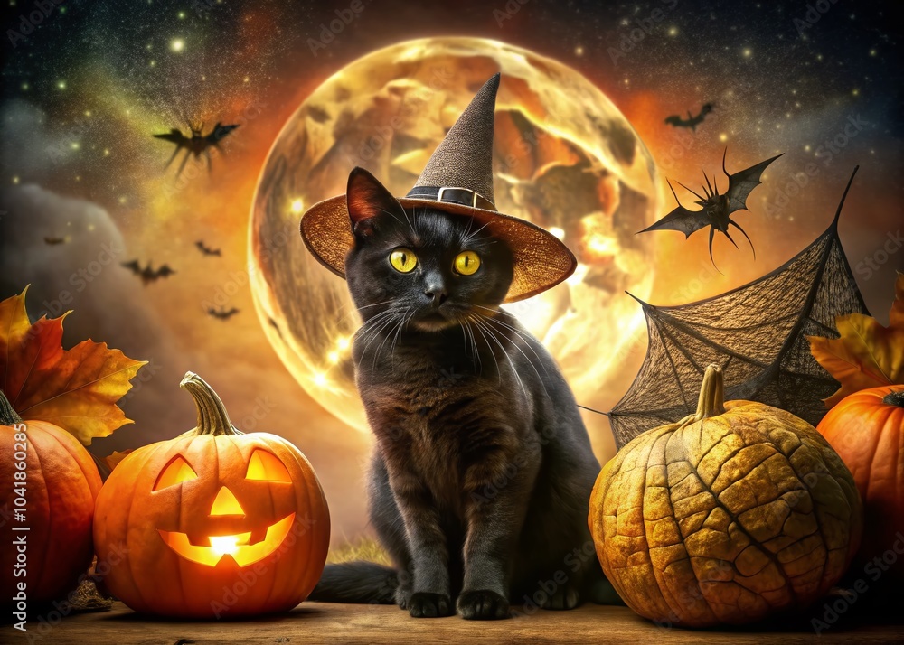 Enchanting Black Kitty in Witch Hat for Halloween Decor Enchanting Black Kitty in Witch Hat for Halloween Decor