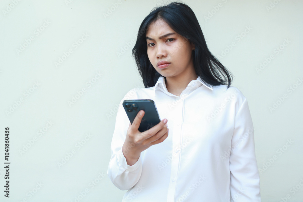 sad irritated asian business woman 20s glaring to camera holding mobile phone unhappy, dissatisfied and disappointment facial expression, wearing white formal suit standing over isolated background sad irritated asian business woman 20s glaring to camera holding mobile phone unhappy, dissatisfied and disappointment facial expression, wearing white formal suit standing over isolated background