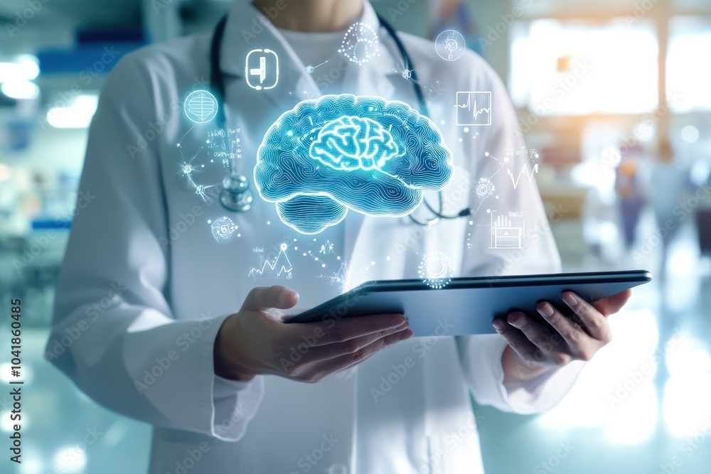 Medical professional examines digital brain on tablet. Medical professional examines digital brain on tablet.