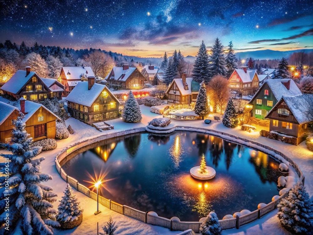 Obraz premium Enchanting Christmas Village in Winter Wonderland Scene with Magical Lights and Snowy Landscape