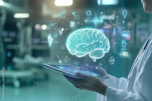 Doctor using tablet with digital brain hologram.