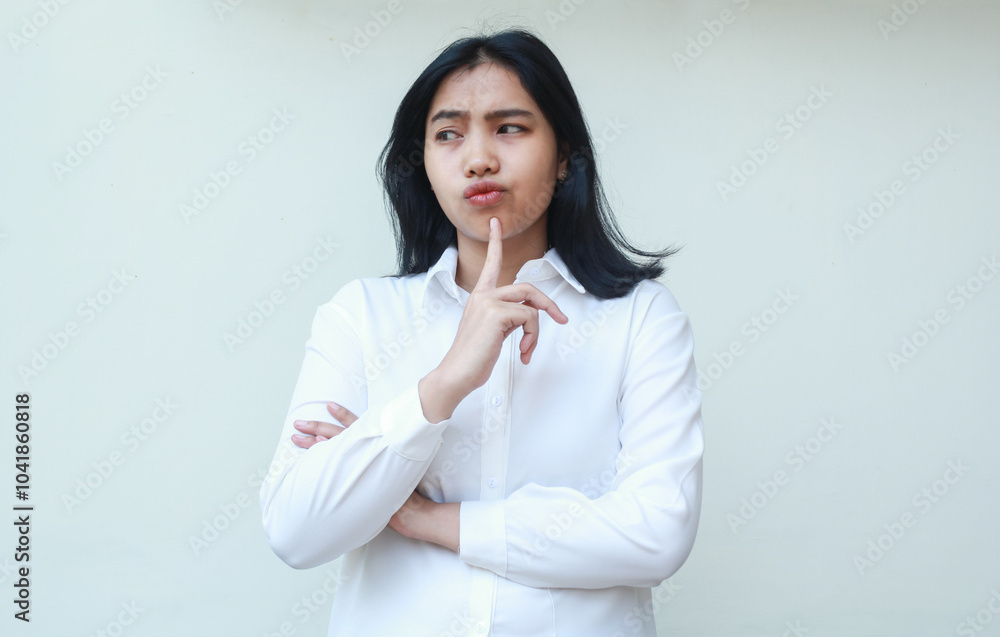 studio shot of young asian woman secretary 20s looking aside curious with fingers on chin and arm folded considering business plan standing wear formal white suit studio shot of young asian woman secretary 20s looking aside curious with fingers on chin and arm folded considering business plan standing wear formal white suit