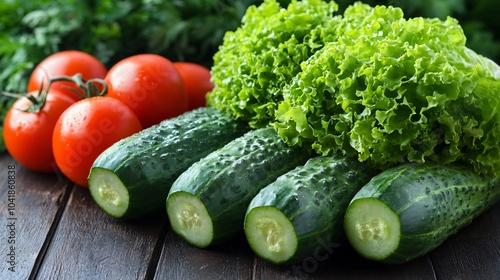 Fresh Cucumbers, Tomatoes, and Lettuce on a Wooden Table