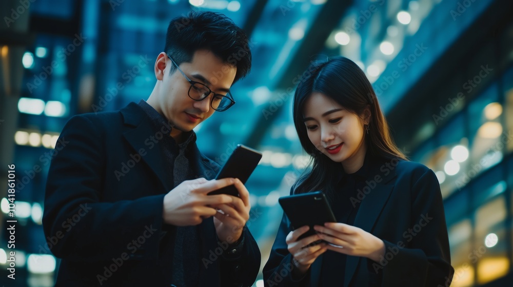 Two Asian business people using smartphone and talking together Two Asian business people using smartphone and talking together