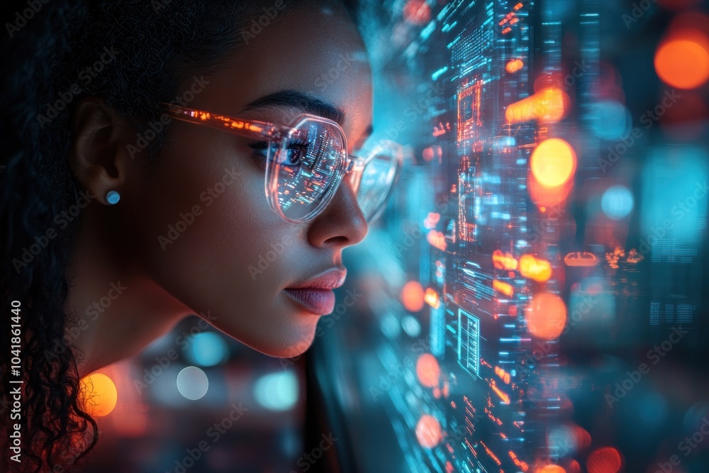 Woman immersed in digital data with futuristic glasses Woman immersed in digital data with futuristic glasses