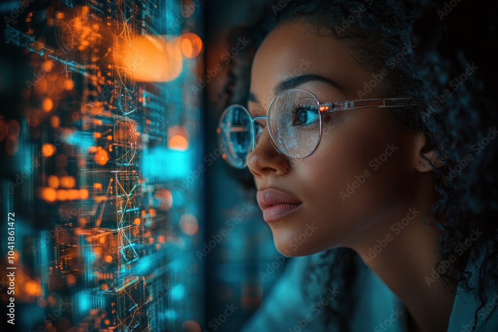 Person with glasses examines vibrant digital data Person with glasses examines vibrant digital data