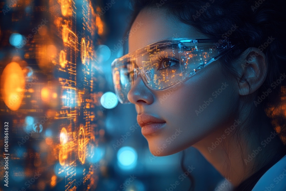 Futuristic woman with digital glasses in blue light. Futuristic woman with digital glasses in blue light.
