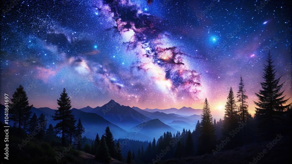 Naklejka premium Enchanting Starry Night Sky with Twinkling Stars Silhouette Photography for Dreamy Backgrounds