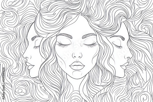 Colouring book page, outlines only, surreal and contemporary, the female form, body positive theme, minimilistic, faceless, different body shapes and sizes, 