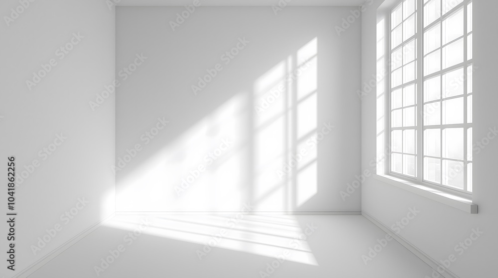 Empty modern apartment creates shadow play through interior design - white home walls meet sunlit window frames while minimalist spaces flow in morning light Empty modern apartment creates shadow play through interior design - white home walls meet sunlit window frames while minimalist spaces flow in morning light