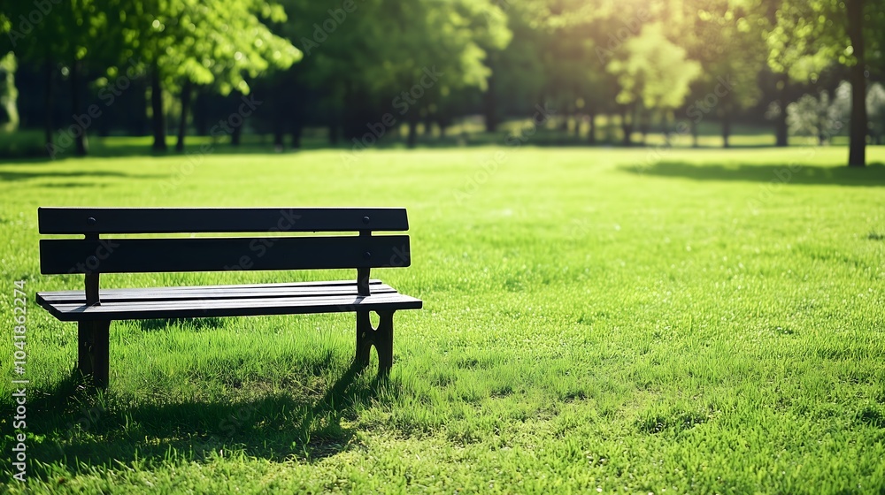 Empty wooden bench waits among tall grass in public park - nature's quiet outdoor spot near forest tree creates perfect rest space among morning shadows Empty wooden bench waits among tall grass in public park - nature's quiet outdoor spot near forest tree creates perfect rest space among morning shadows
