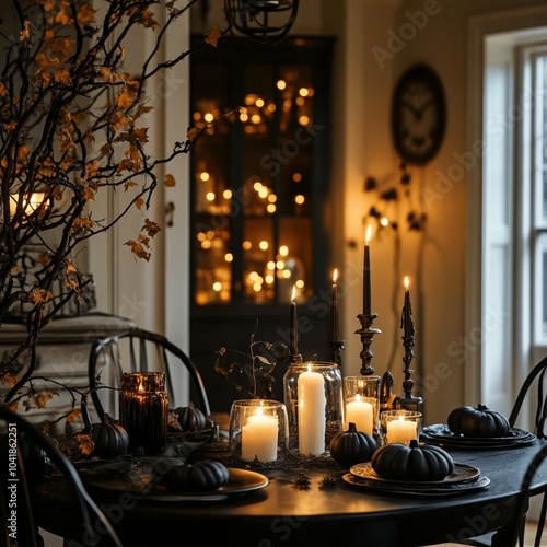 cozy dark atmospheric Halloween dinner setup, table decorated with white black candles black pumpkins, warm lights in background. Gothic aesthetic, stylish Halloween, elegant Halloween dinner concept photo