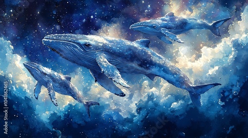 Whales Floating Among Clouds in Night Sky