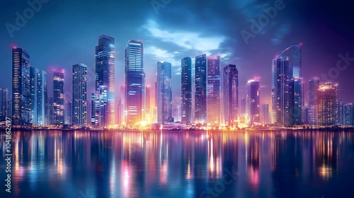 Stunning urban skyline at night reflecting on the water surrounded by modern architecture and vibrant city lights