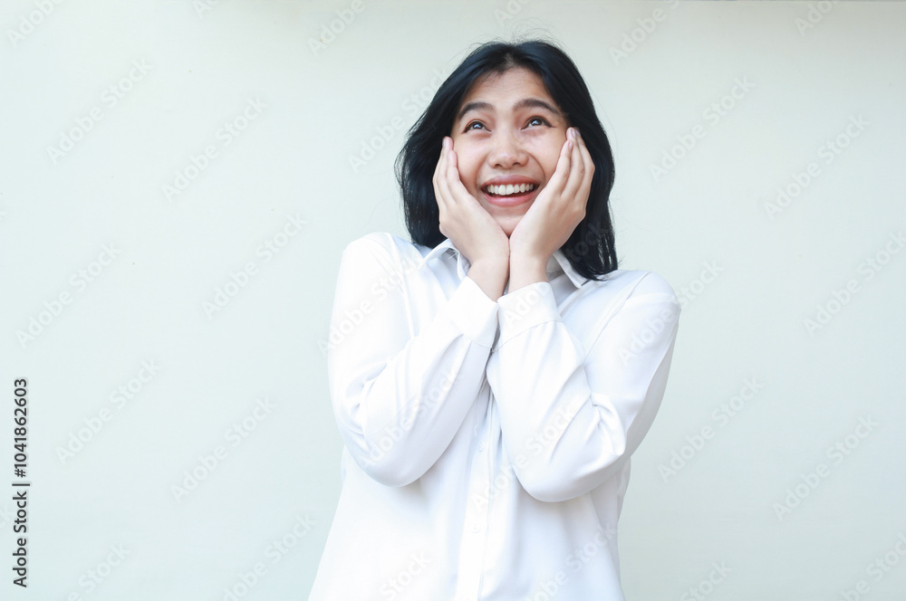 portrait of surprised carefree asian business woman stunned looking up, daydreaming product sale promo, imagine bright future wearing white shirt formal suit standing isolated background portrait of surprised carefree asian business woman stunned looking up, daydreaming product sale promo, imagine bright future wearing white shirt formal suit standing isolated background