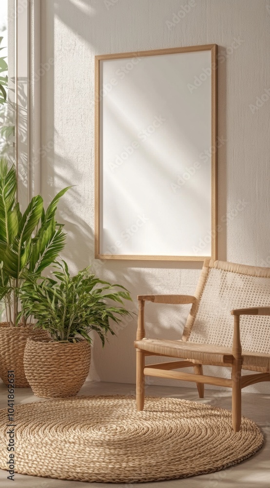 A white framed mirror is on the wall. A chair is in front of the mirror. There are two potted plants in the room A white framed mirror is on the wall. A chair is in front of the mirror. There are two potted plants in the room