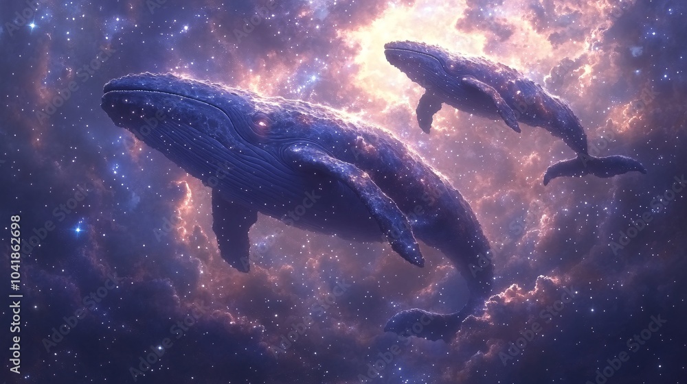 Fototapeta premium Whales Floating Peacefully in a Cosmic Lavender Scene