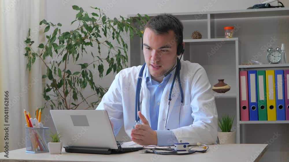 A young intern doctor works in an office, on a computer, communicates with the patients relatives via video link, explaining to them the patients condition and methods of treatment. A young intern doctor works in an office, on a computer, communicates with the patients relatives via video link, explaining to them the patients condition and methods of treatment.