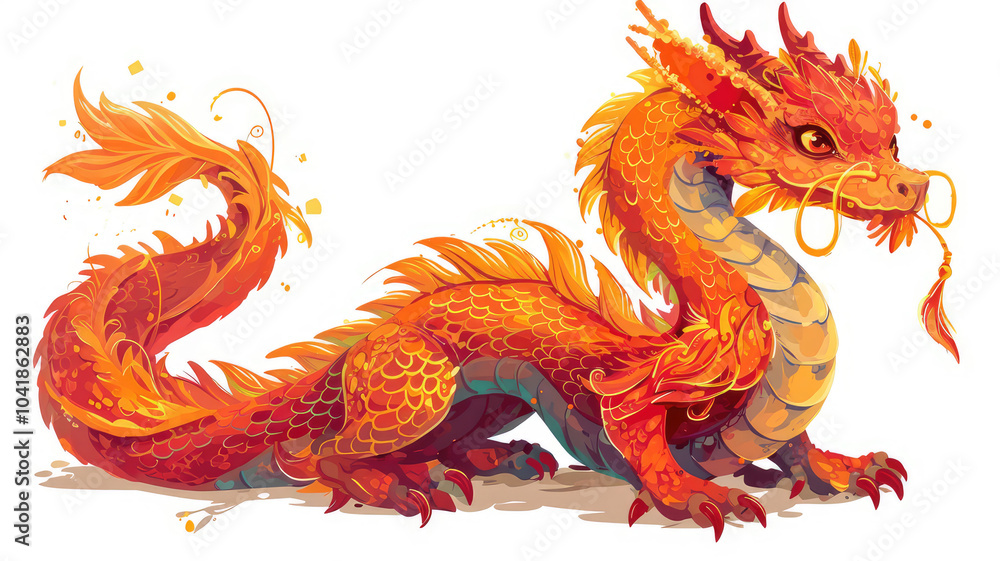 A vibrant, stylized illustration of a dragon with fiery colors isolated on white background, showcasing intricate scales and a dynamic pose. A vibrant, stylized illustration of a dragon with fiery colors isolated on white background, showcasing intricate scales and a dynamic pose.