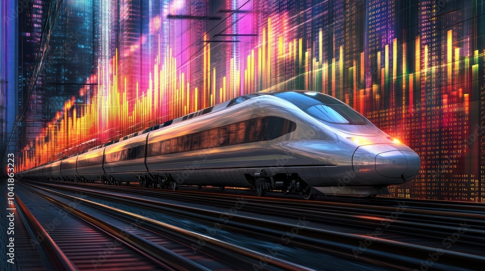 Naklejka premium Futuristic high-speed train with bright city lights