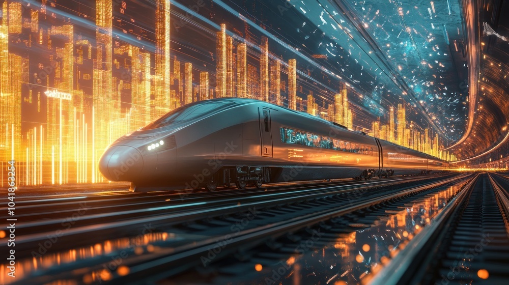 Sleek high-speed train in a digital data tunnel Sleek high-speed train in a digital data tunnel